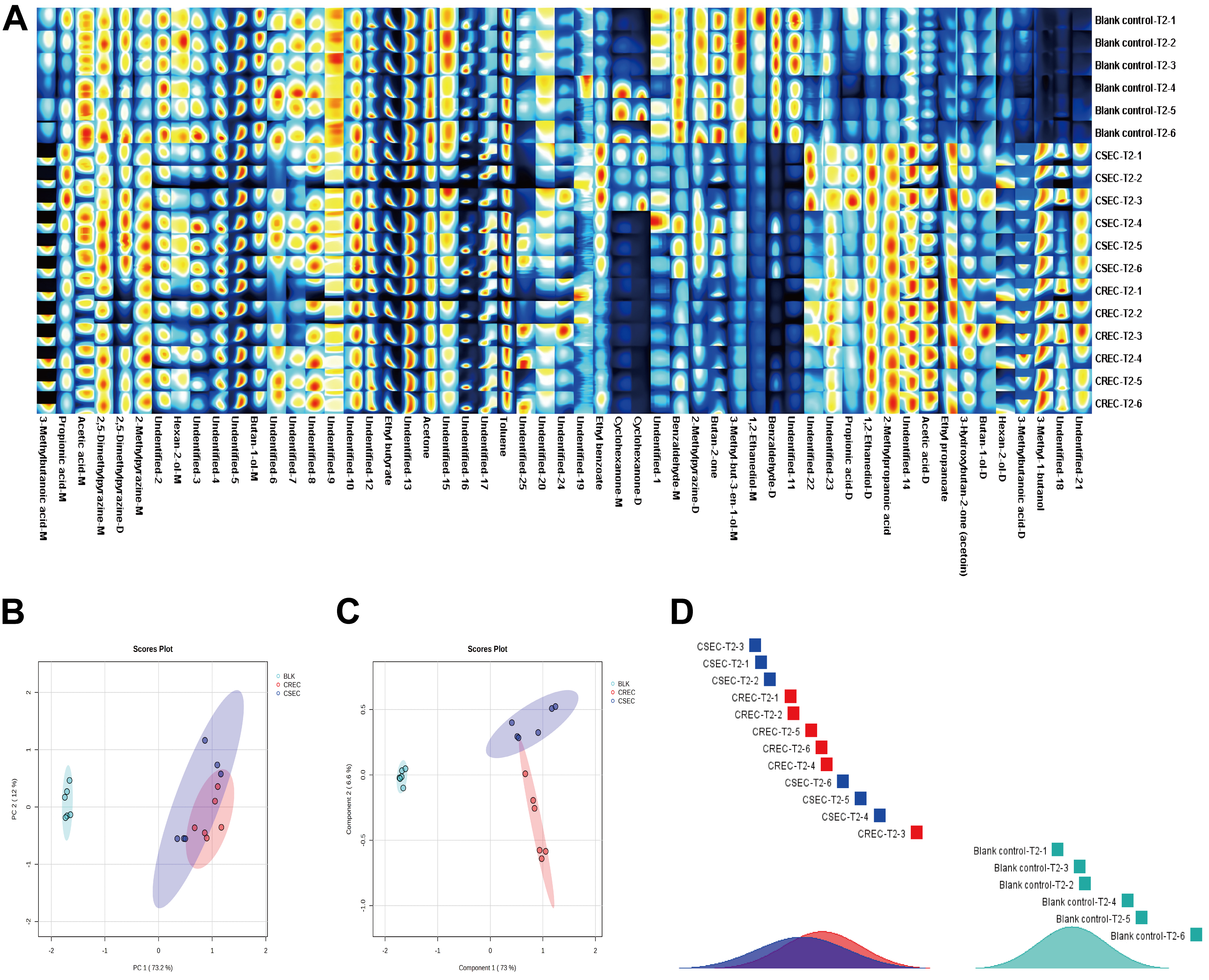 (A) Fingerprints of blank bottles, CSEC, and CREC generated at time point T2. (B) PCA analysis of three groups without IPM at time point T2. (C) PLS-DA analysis of three groups without IPM at T2 time points. (D) Similarity analysis of three groups without IPM at time point T2.