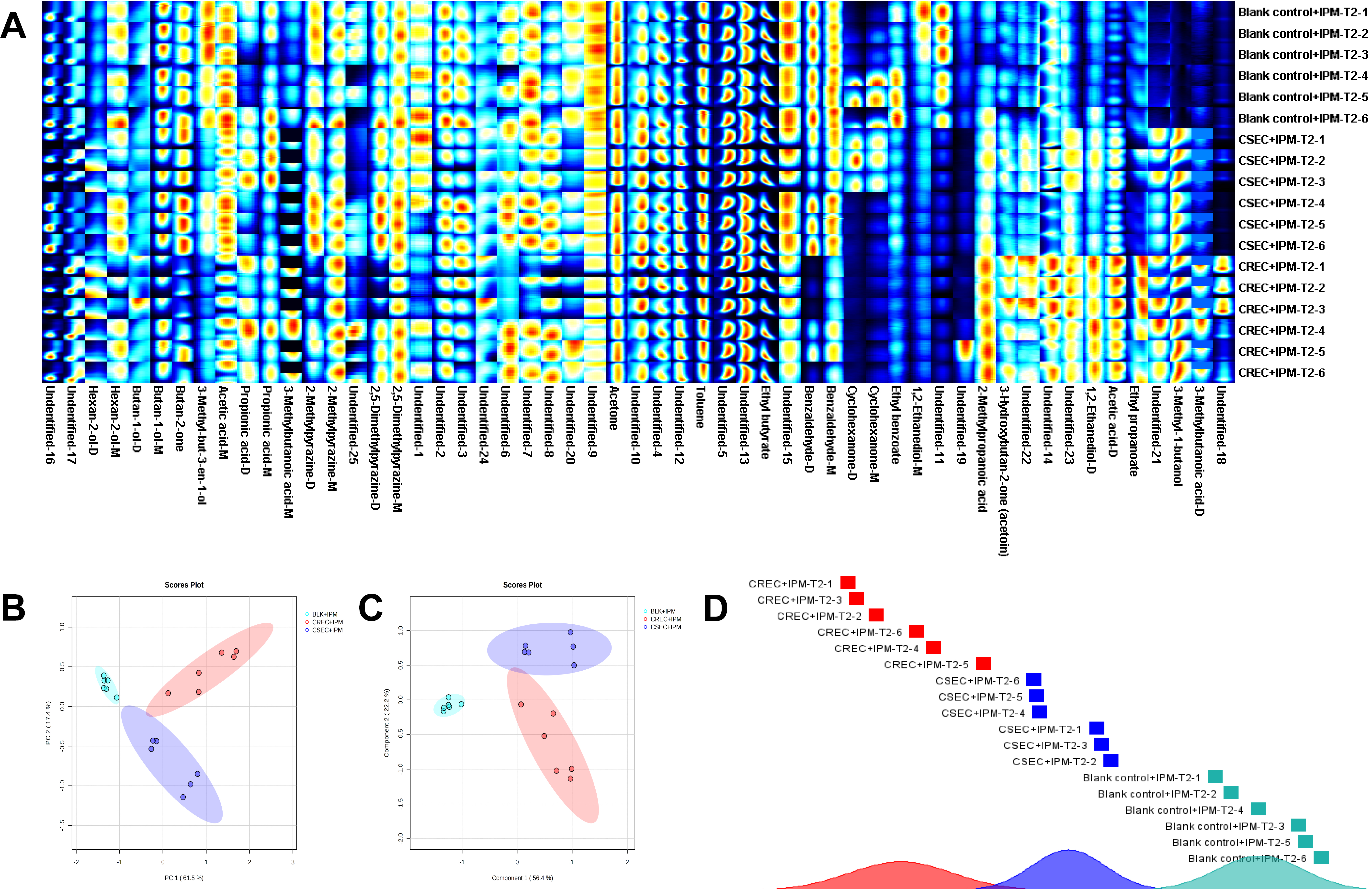 (A) Fingerprints of blank bottles+IPM, CSEC+IPM, and CREC+IPM generated at time point T2. (B) PCA analysis was performed on the three groups at time point T2 after IPM was added. (C) PLS-DA analysis was performed on the three groups at time point T2 after IPM was added. (D) After IPM was added, the similarity analysis of the three groups was performed at time point T2.