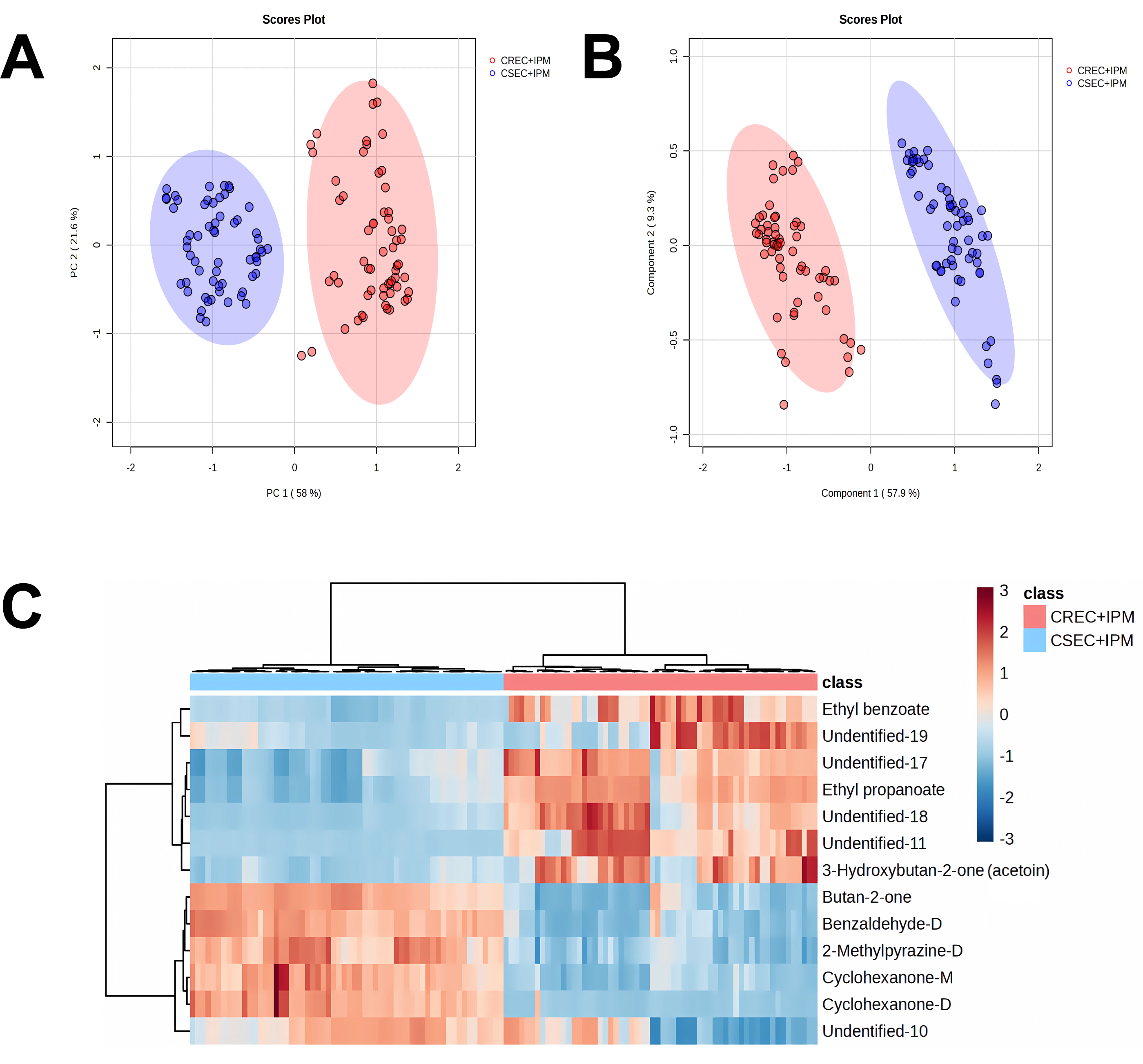 (A) PCA analysis of 60 parallel experiments at time point T2. (B) PLS-DA analysis of 60 parallel experiments at time point T2. (C) The relative abundance of 13 different VOCs in the two groups.