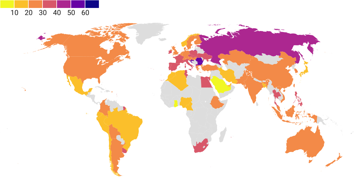 Female representation among publishing economists by country (in %). Published economists registered with the RePEc Author Service. A category is listed if it has at least 50 members. Overall, 16,660 of 63,833 economists are women.